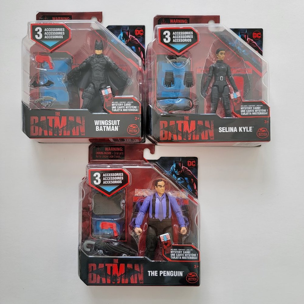 Lot of 3 The Batman figures w/ 3 acc each: The Penguin, Selina Kyle, The Batman